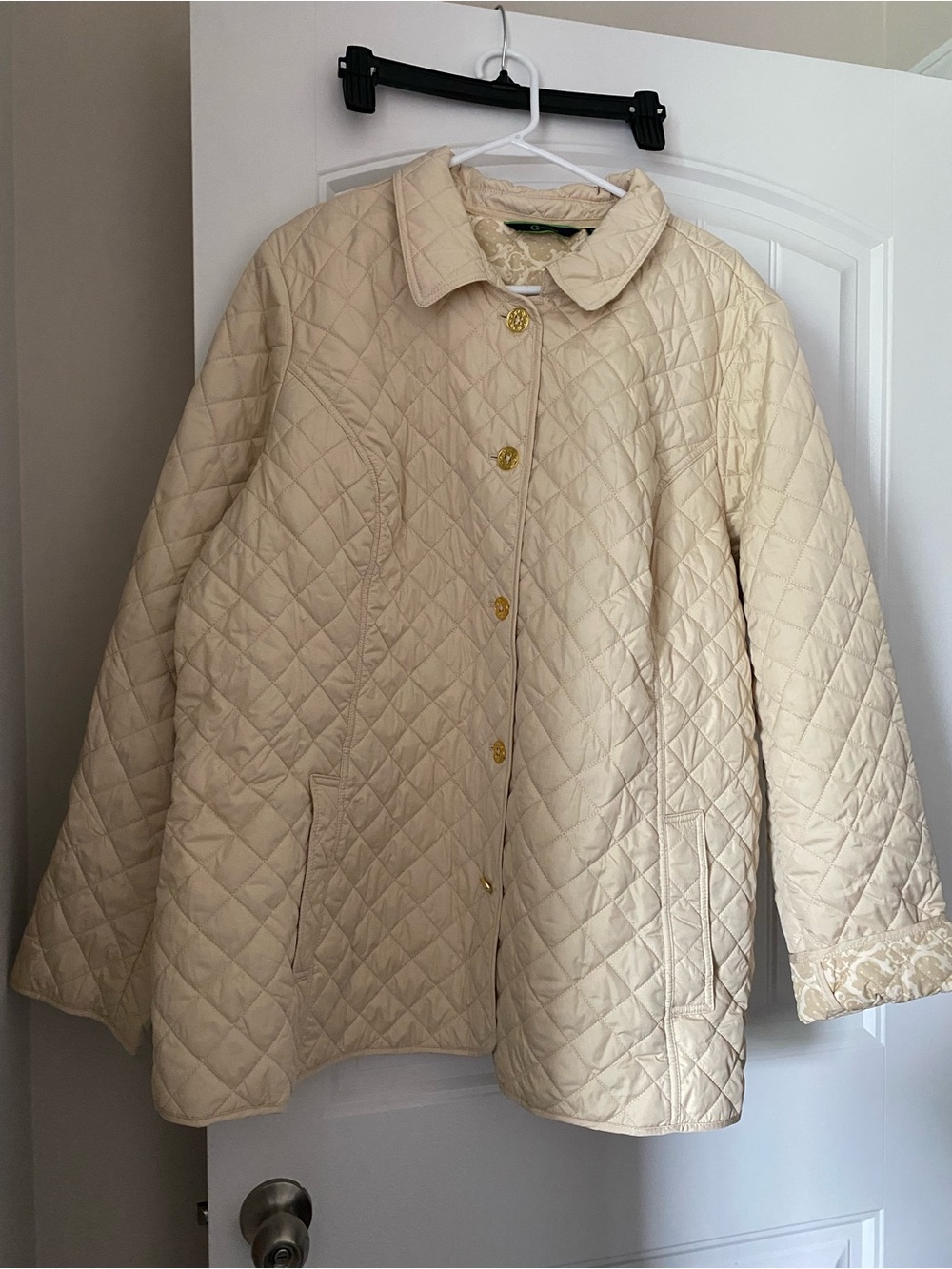 C. Wonder Quilted Cream Puffer Jacket with Gold Buttons